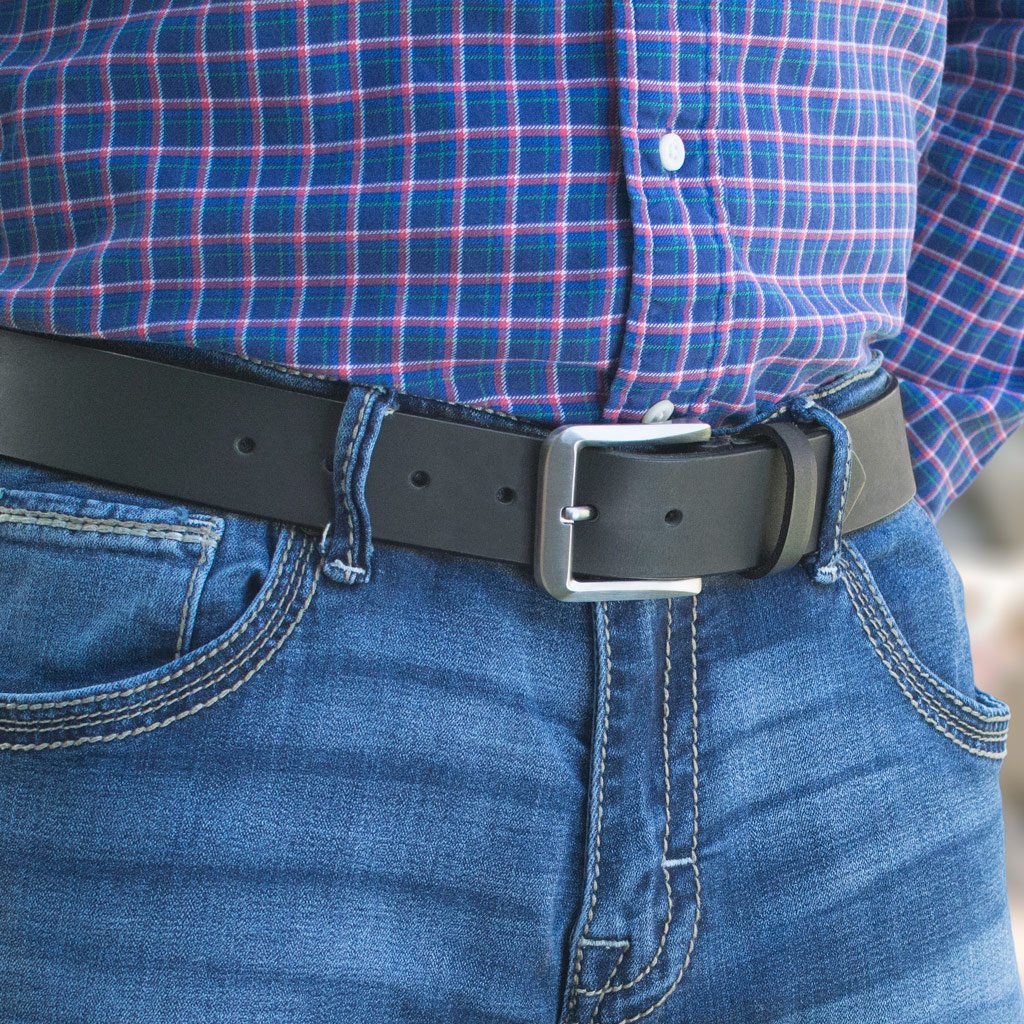 Mike's Favorite Belt Set. Black belt on a model. Great with jeans for a casual look. Titanium buckle
