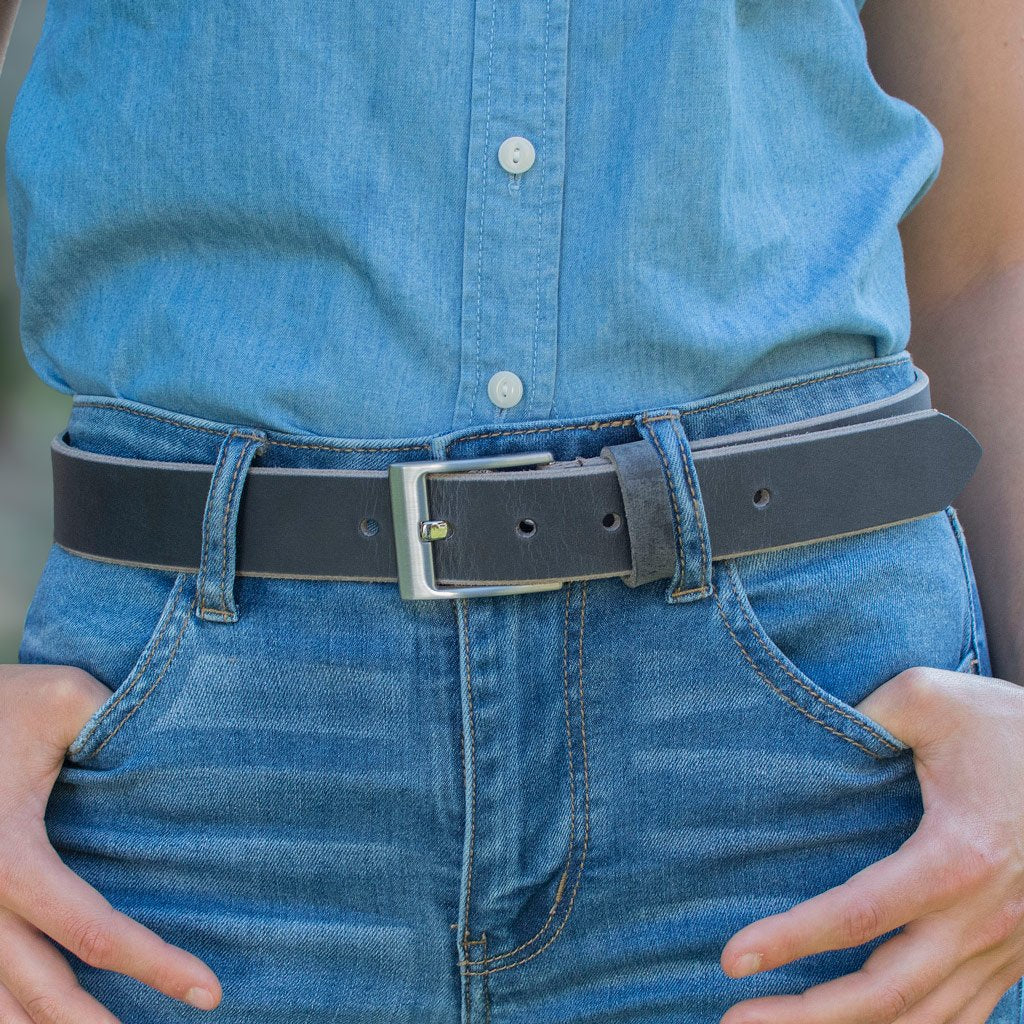 Square Wide Pin Distressed Leather Belt (Gray) on female model. Casual, jeans belt.