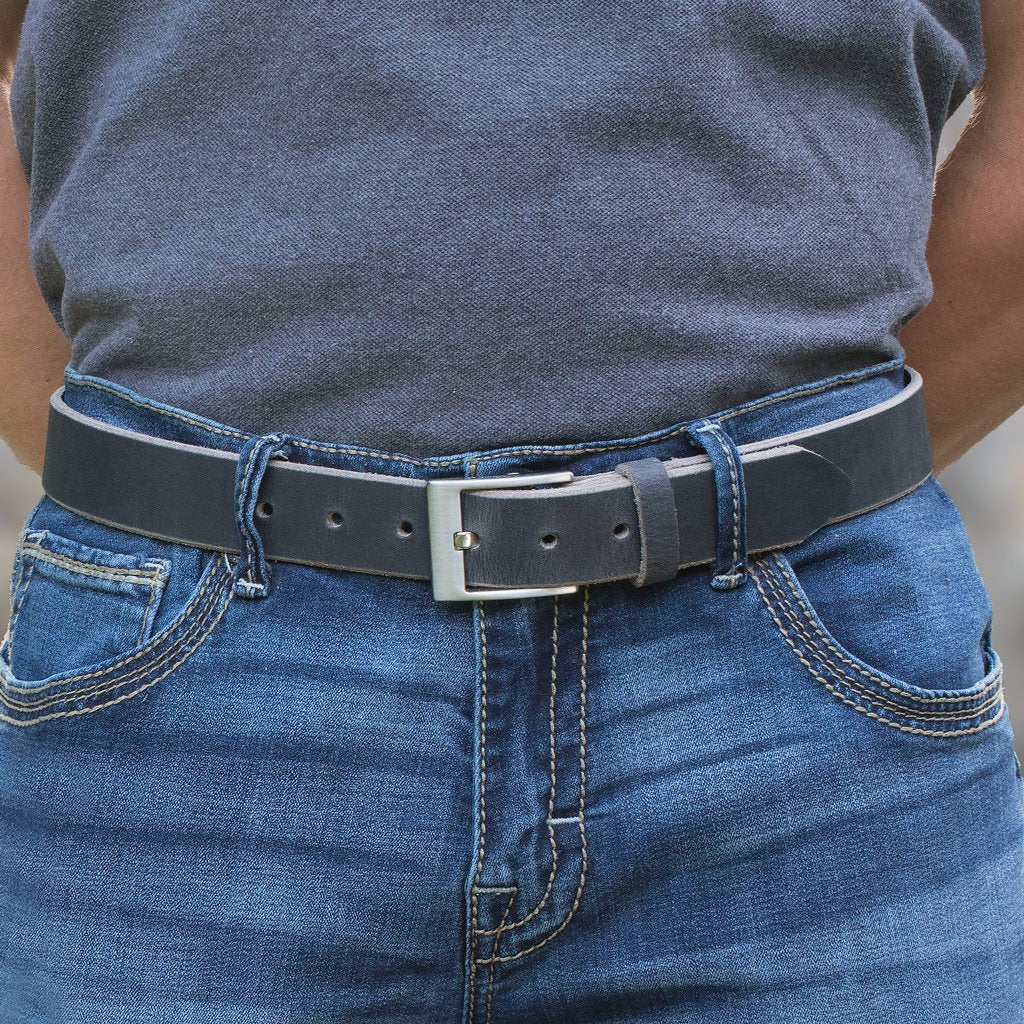 Square Wide Pin Distressed Leather Belt (Gray) on male model. Strap is 1⅜ inches or 35 mm wide.