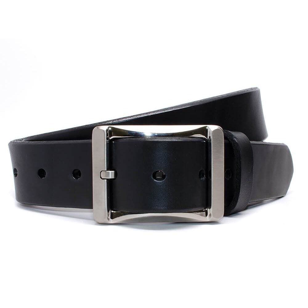 AJ's Gun Belt by Nickel Smart. Sleek black leather belt with sturdy silver-tone titanium buckle.