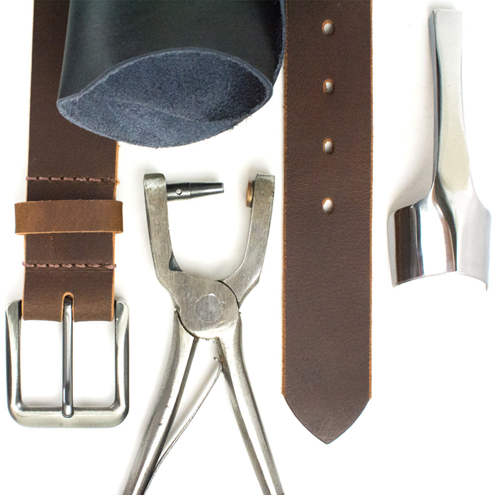 Image of roan mountain belt & crafting tools; these belts are handmade in the USA