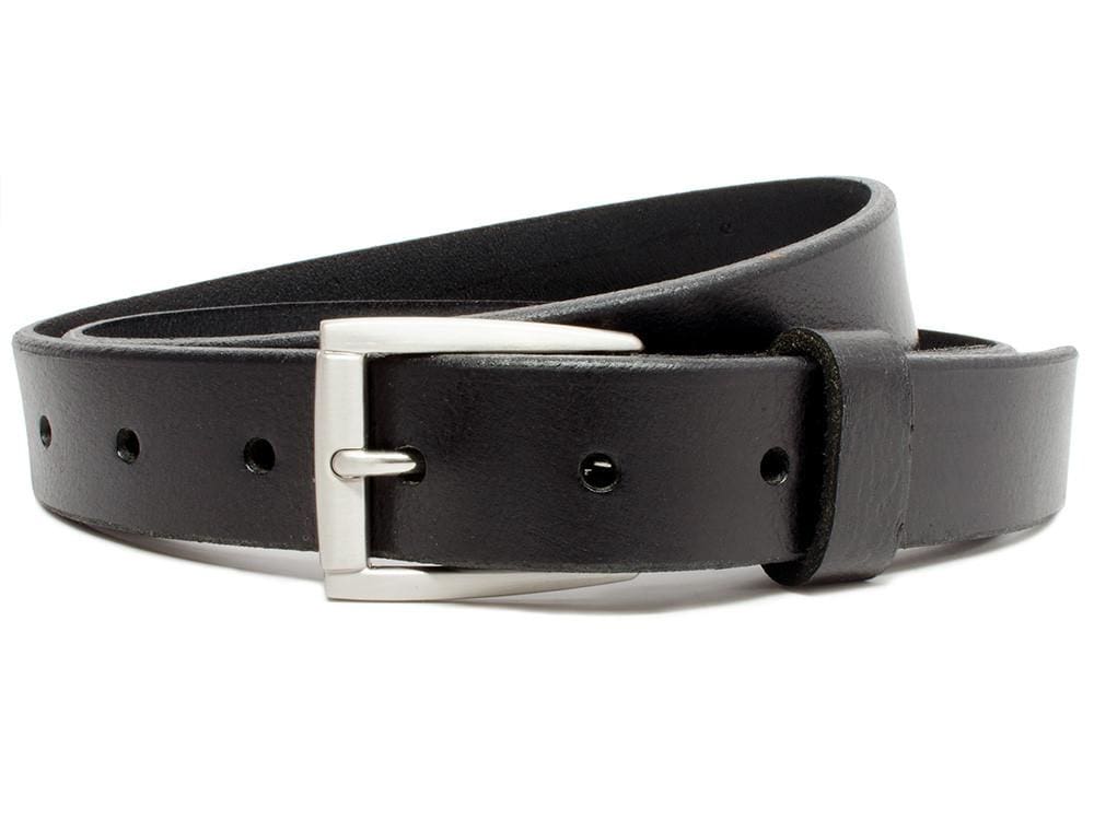 Ashe - Women's Black Belt. Classically styled nickel-free buckle, single pin; raw edges on strap.