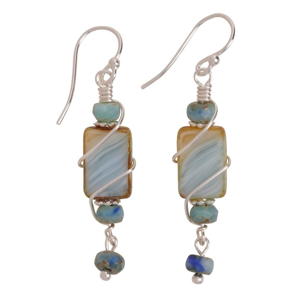 Atlantic Beach Earrings by Nickel Smart. Hypoallergenic; blue and tan glass dangles with beads.