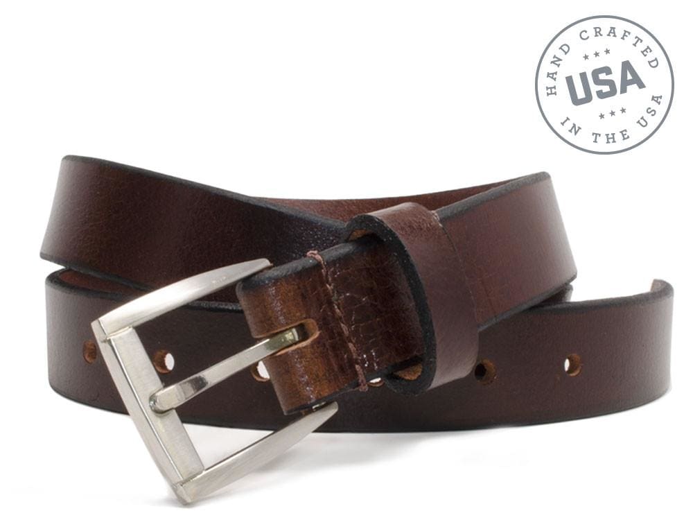 Avery - Women's Brown Belt. Handcrafted in the USA. Compact buckle is hand-stitched to strap.