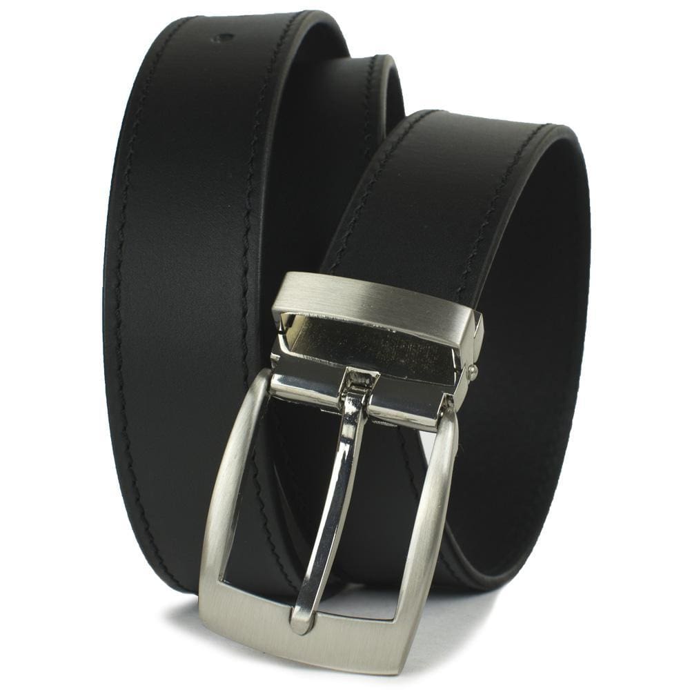 Black Balsam Knob Belt by Nickel Smart. Silver-y clamp buckle attached to solid top grain leather.