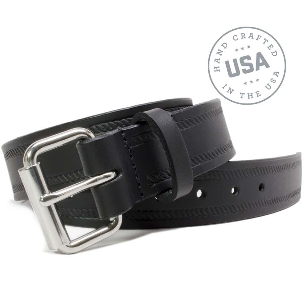 Black Rope Belt. Handcrafted in the USA. Edges feature embossed rope design; buckle stitched on.