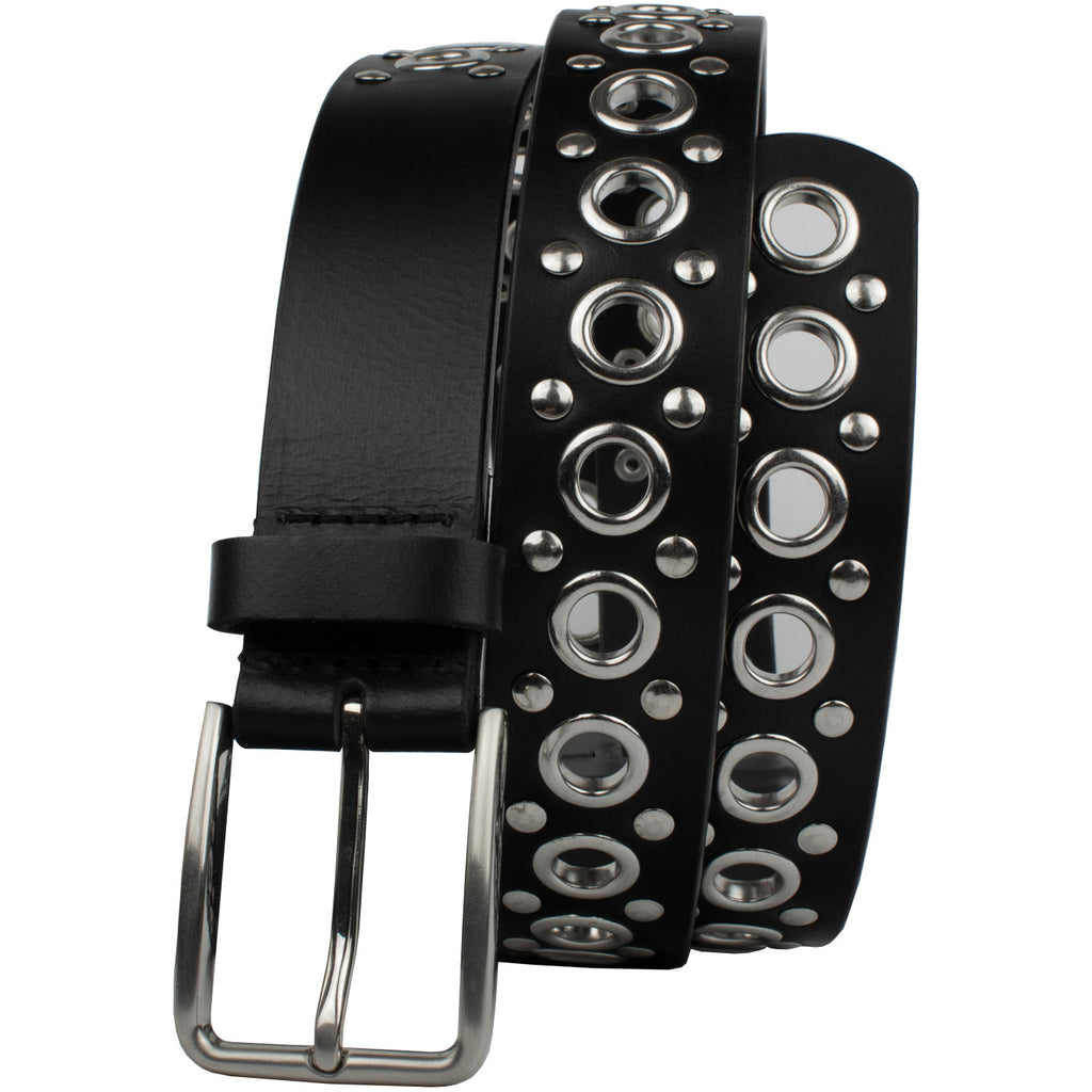Black Studded Belt V.3 by Nickel Smart. Black strap with repeating pattern of studs and grommets.