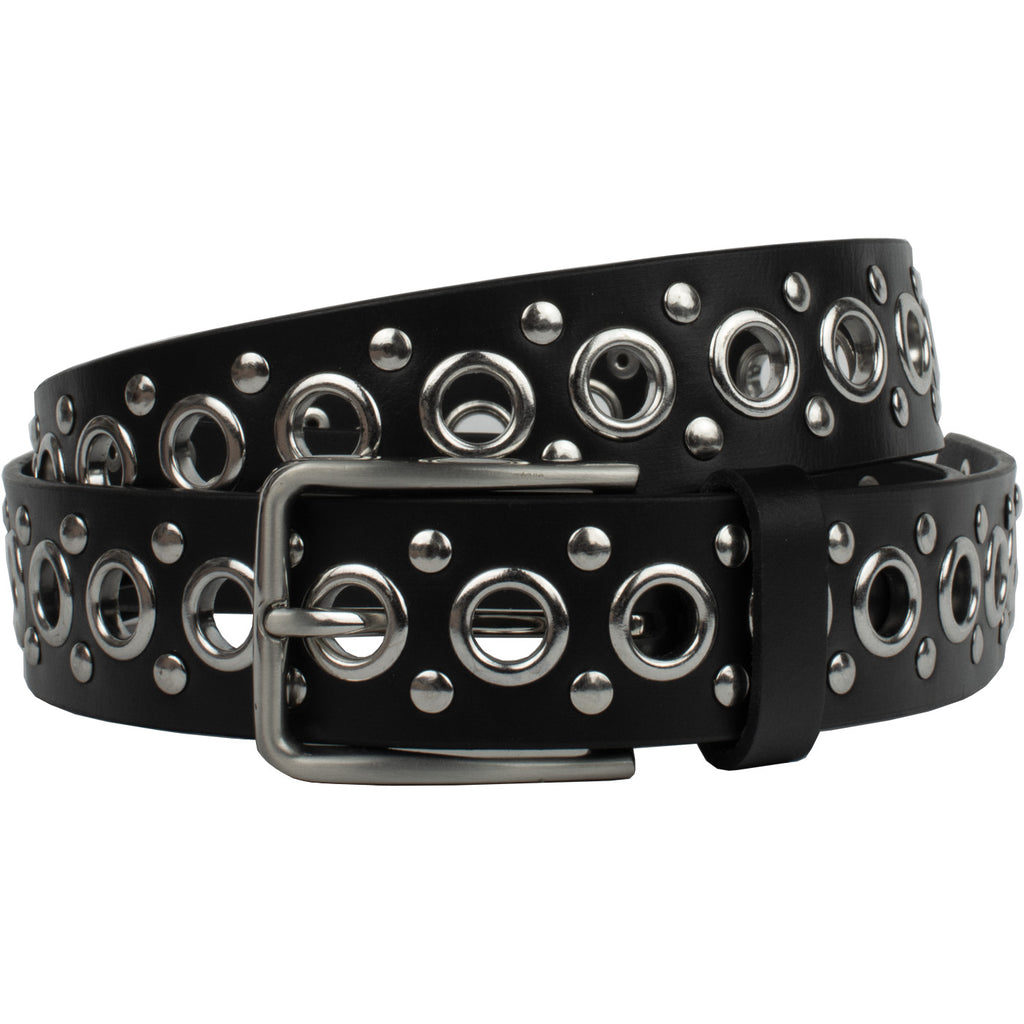 Black Studded Belt V.3. Nickel-free silver-tone buckle latches through repeating pattern of grommets