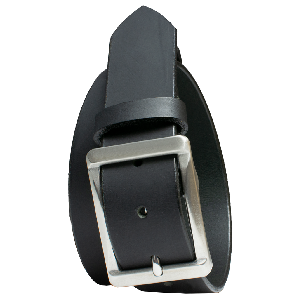 Black leather belt with silver stainless steel center bar rectangular buckle. 1.5 inches.