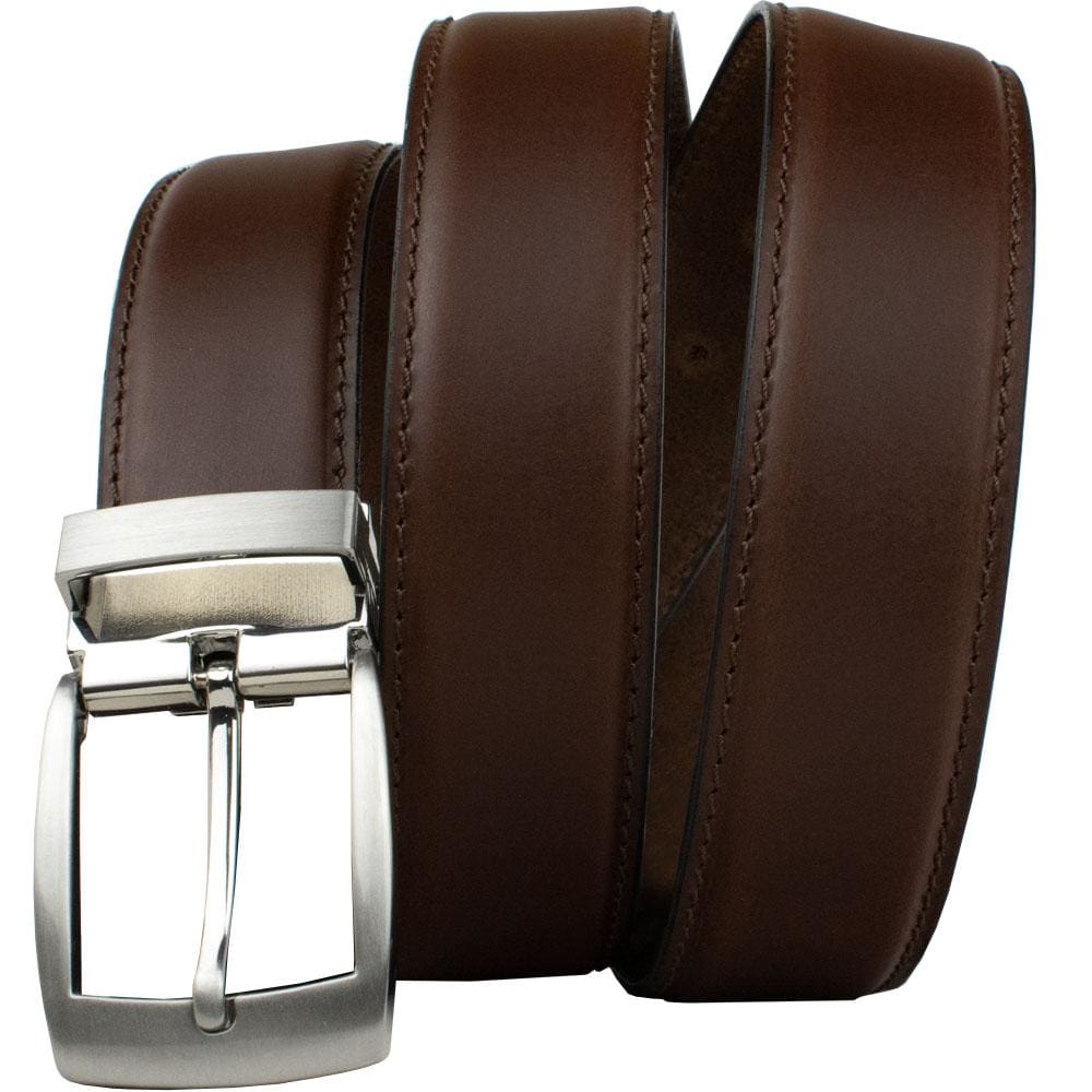 Brown Dress Belt by Nickel Smart. Silver-tone zinc alloy clamp-style buckle with metal keeper.