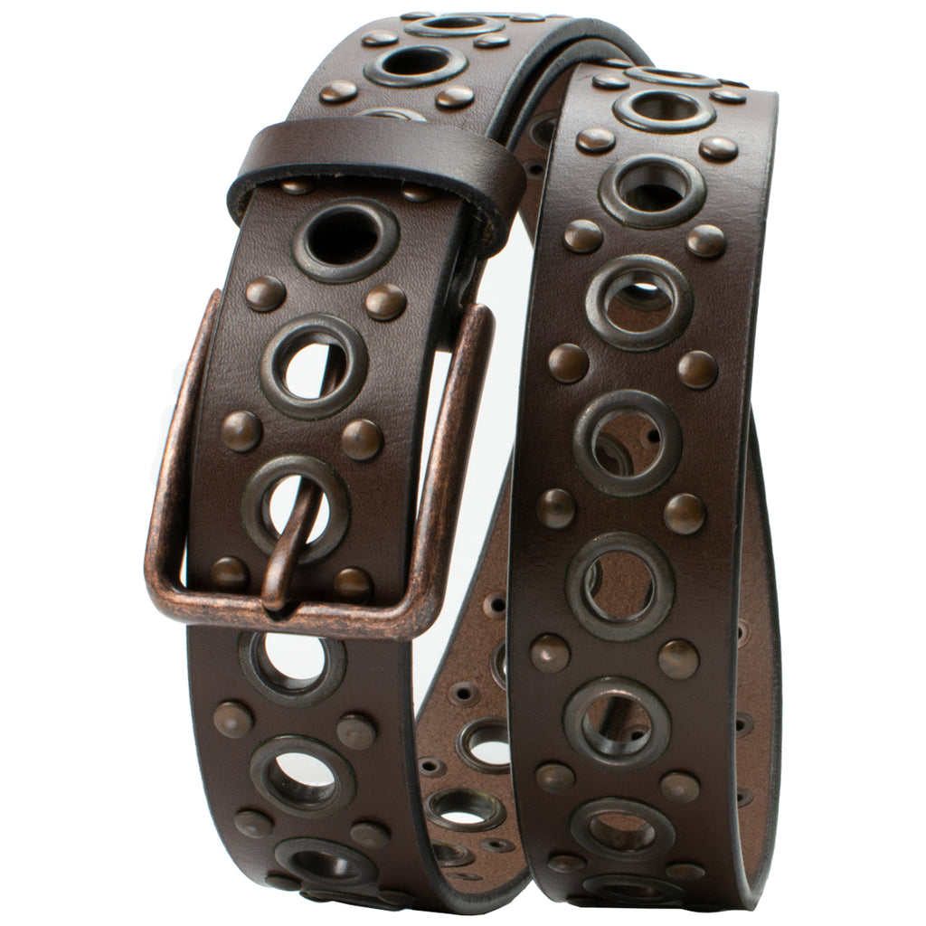 Brown Studded Belt V.3 by Nickel Smart. Brown leather, antiqued grommets and studs, thin buckle.