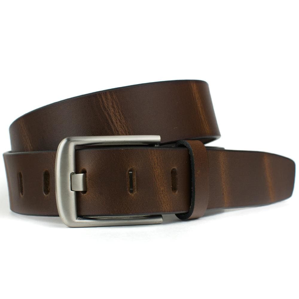 Brown Wide Pin Belt. Buckle latches through unique oblong strap holes, strap has black edges