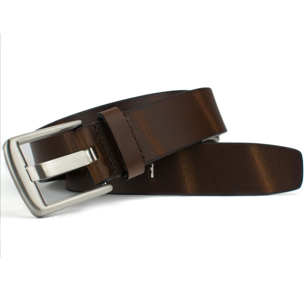 Brown Wide Pin Belt. Custom wide-pin buckle is stitched directly to full grain leather strap.