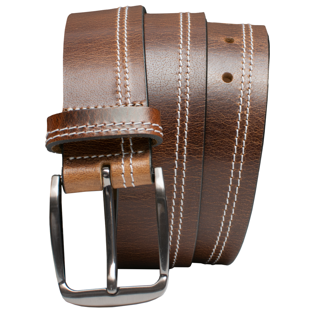 Brown Leather Belt with 2 rows of cream colored stitching. 1.5 inch Nickel Free Buckle