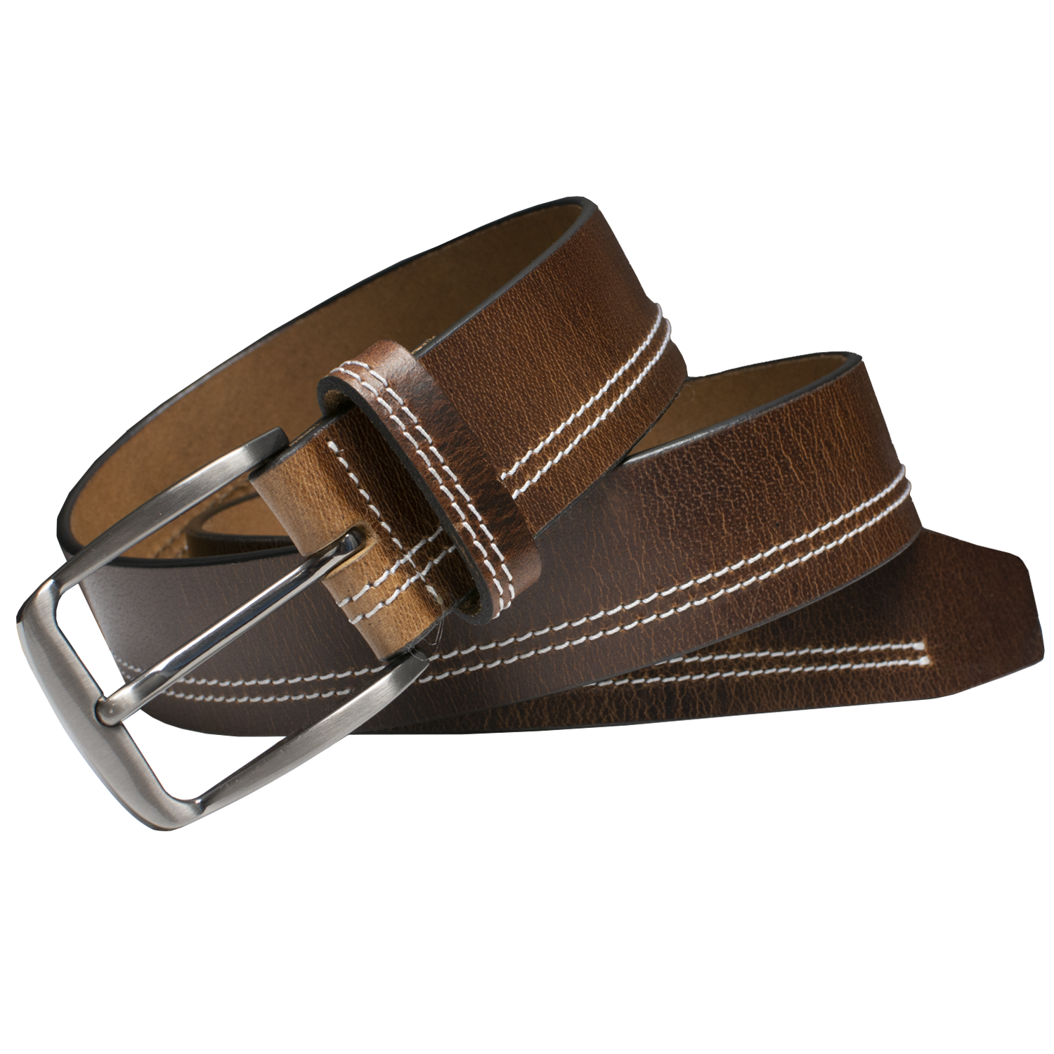 Silver nickel free buckle sewn onto medium brown leather with 2 rows of cream colored stitching