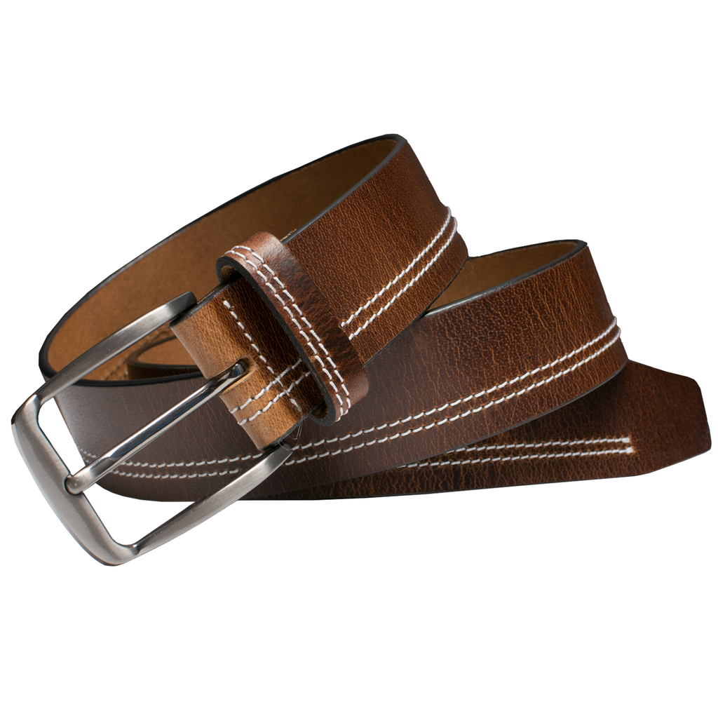 Silver nickel free buckle sewn onto medium brown leather with 2 rows of cream colored stitching
