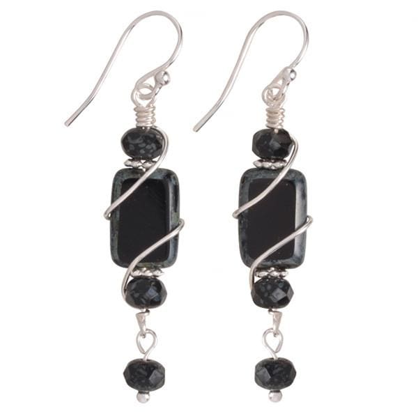 Cape Hatteras Earrings by Nickel Smart. Black glass and beads wrapped in silvery wire. Nickel free.