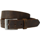 Caraway Mountain Distressed Brown Leather Belt. Squared zinc alloy buckle, soft brown strap.