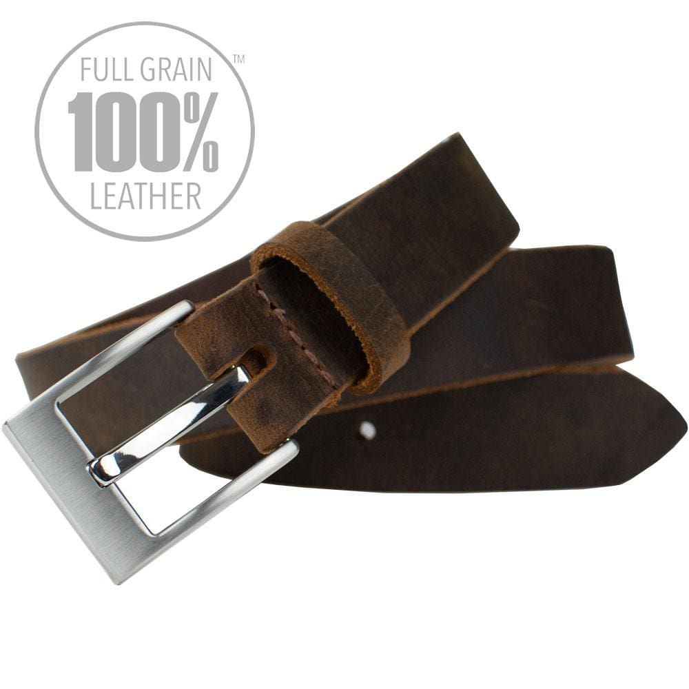 Caraway Mountain Distressed Brown Leather Belt. 100% full grain leather. Solid strap with raw edges.