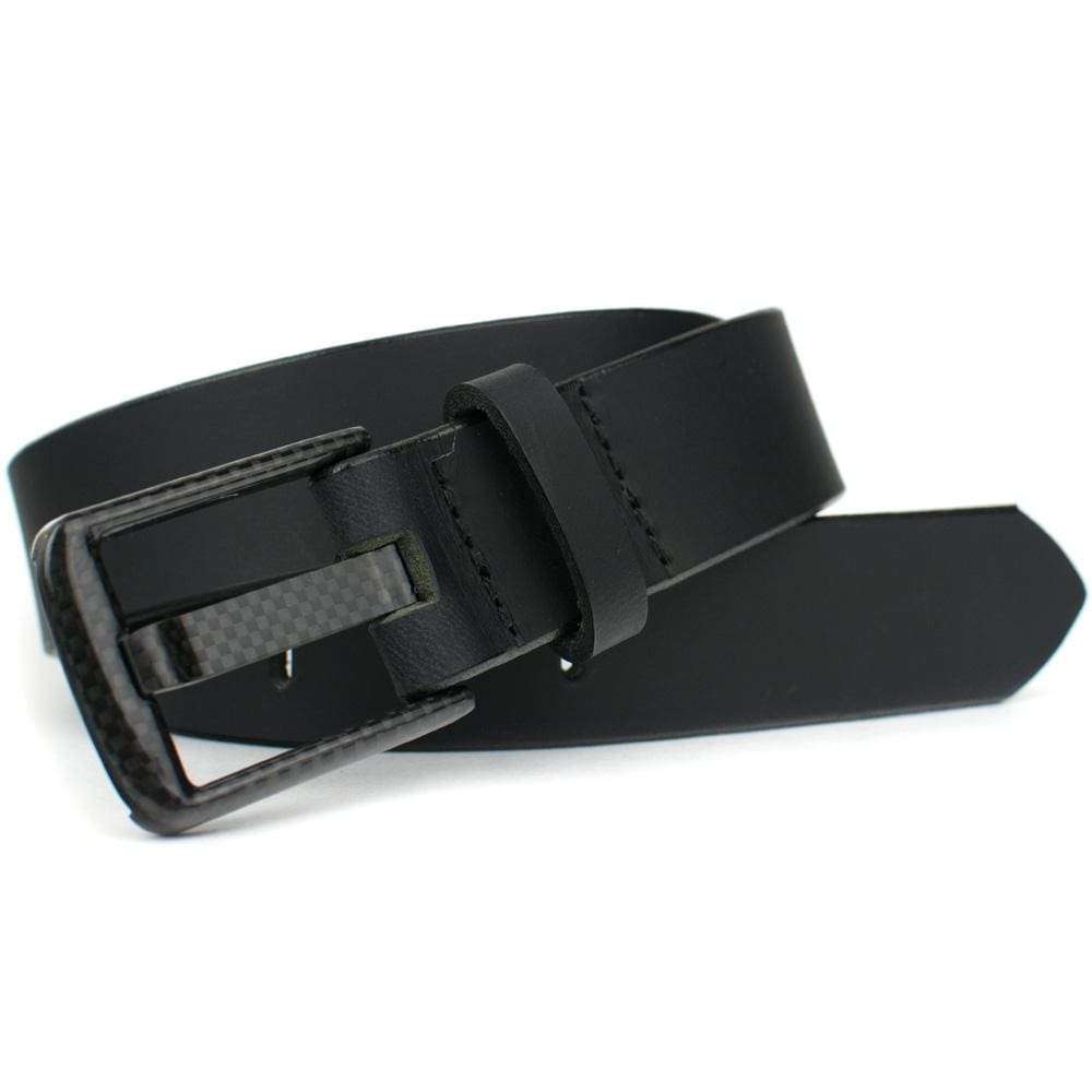 Carbon Fiber Wide Pin Black Belt. Buckle sewn to strap. No metal on this belt. Sleek all-black look.