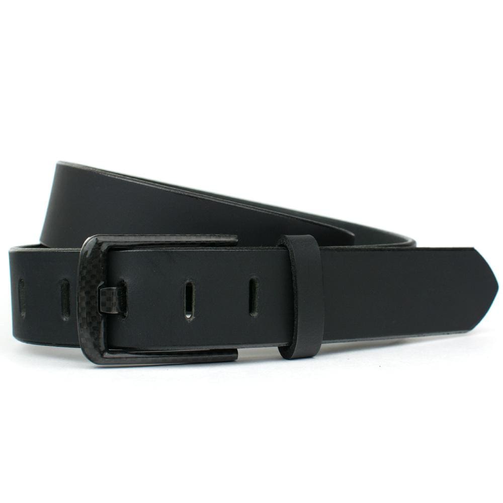 Carbon Fiber Wide Pin Black Belt. Unique wide pin buckle with matching wide pin holes on strap.