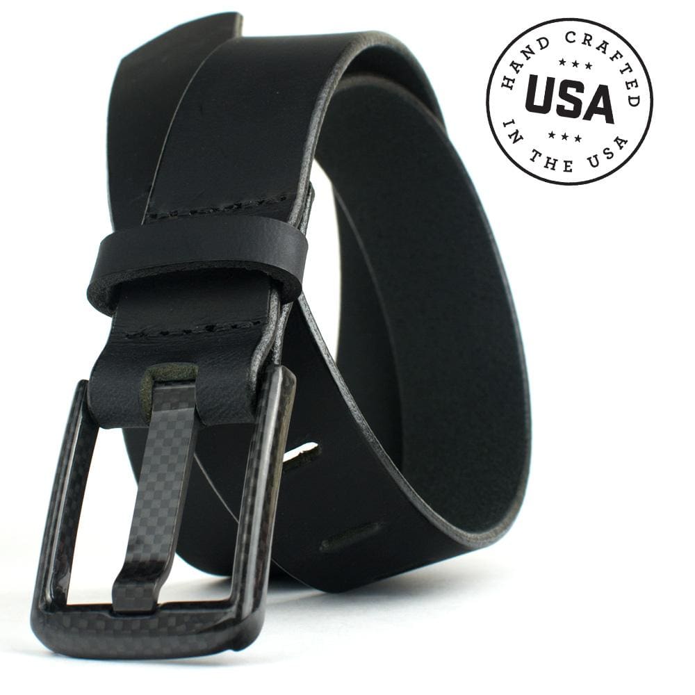 Carbon Fiber Wide Pin Black Belt. Handcrafted in the USA. Solid black leather strap, black edges.