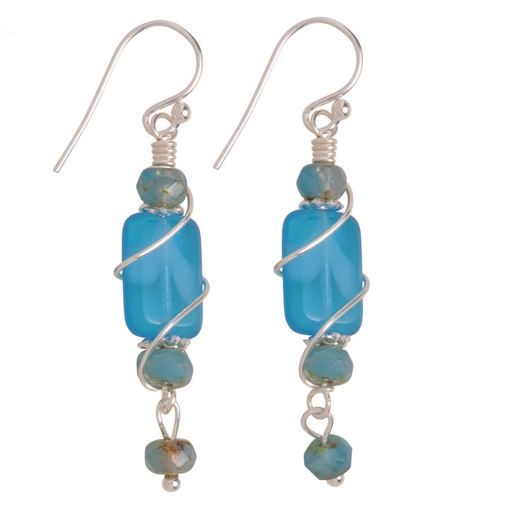 Carolina Beach Earrings by Nickel Smart. Bright blue oval between two beads, plus a dangling bead.