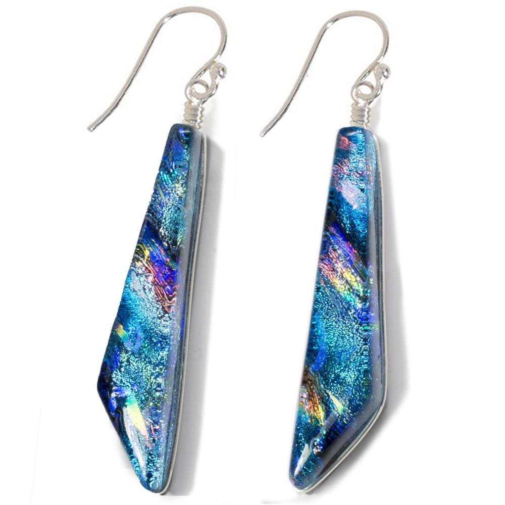 Cascades Earrings - Rainbow Blue by Nickel Smart. Blue comet shaped dichroic glass earrings.