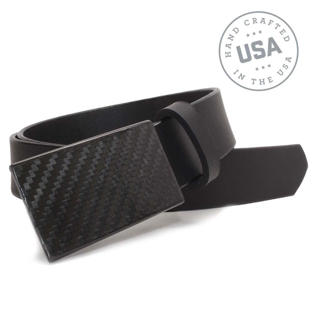 CF 2.0 Black Belt. Handcrafted in the USA. Unique rectangular carbon fiber buckle, metal-free belt.