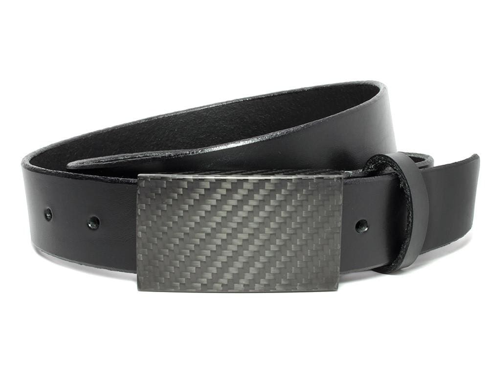 CF 2.0 Black Belt. Carbon fiber weave buckle hooks over strap made from solid black leather.