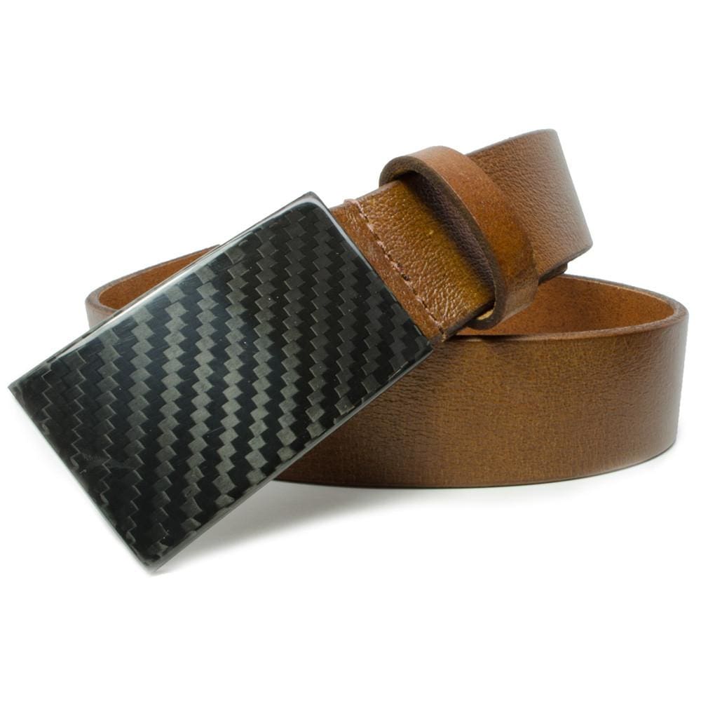 CF 2.0 Brown Belt. Black hook style buckle is threaded through strap and hooks into belt holes.