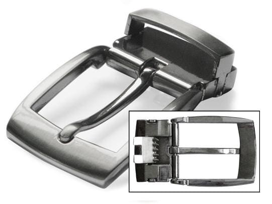 Clamp Pin Buckle. Nickel-free buckle replacement. Inset of buckle back showing clamp mechanism.
