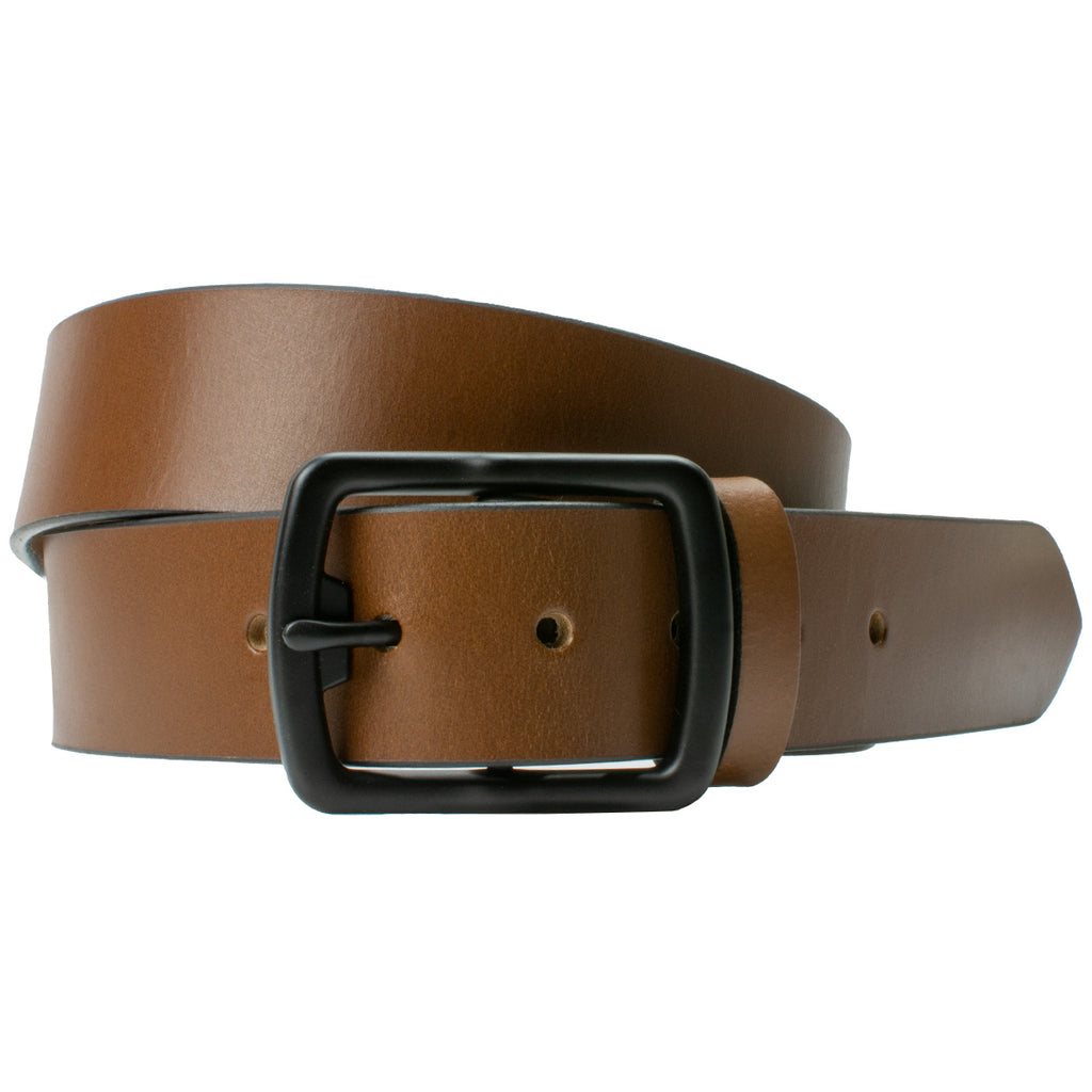 Cold Mountain Brown Belt. Buckle sewn directly to full grain leather strap. No metal snaps.
