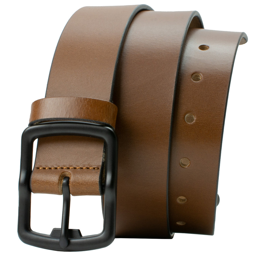 Cold Mountain Brown Belt by Nickel Smart. Tawny brown leather strap; black matte nickel-free buckle.