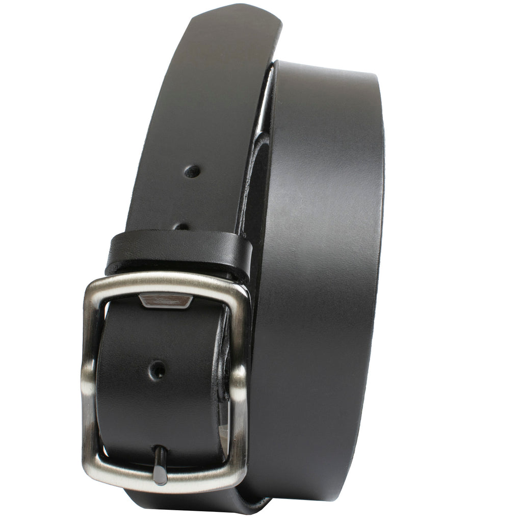 Cold Mountain Belt (Black with Gray Buckle). Solid strap of full grain leather with black edges.