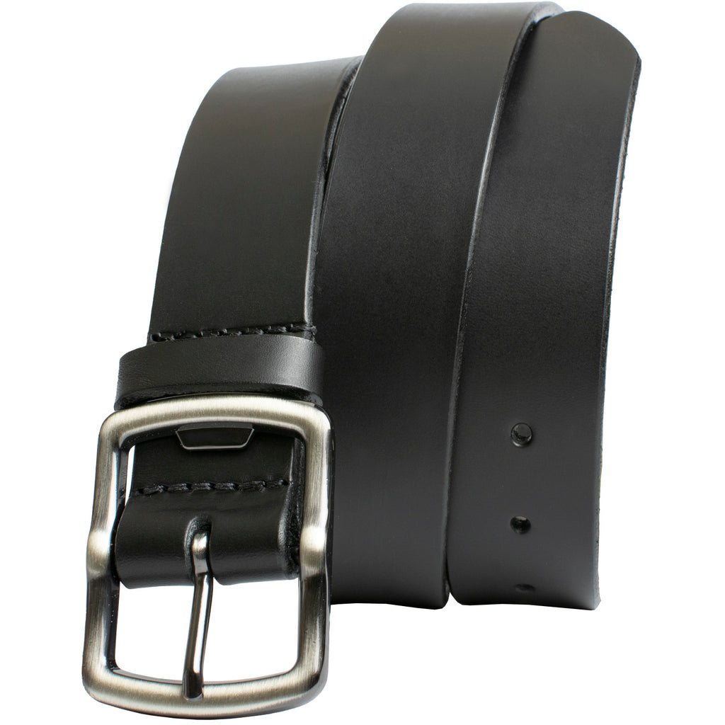Cold Mountain Belt (Black with Gray Buckle) by Nickel Smart. Black strap; gray bottle opener buckle