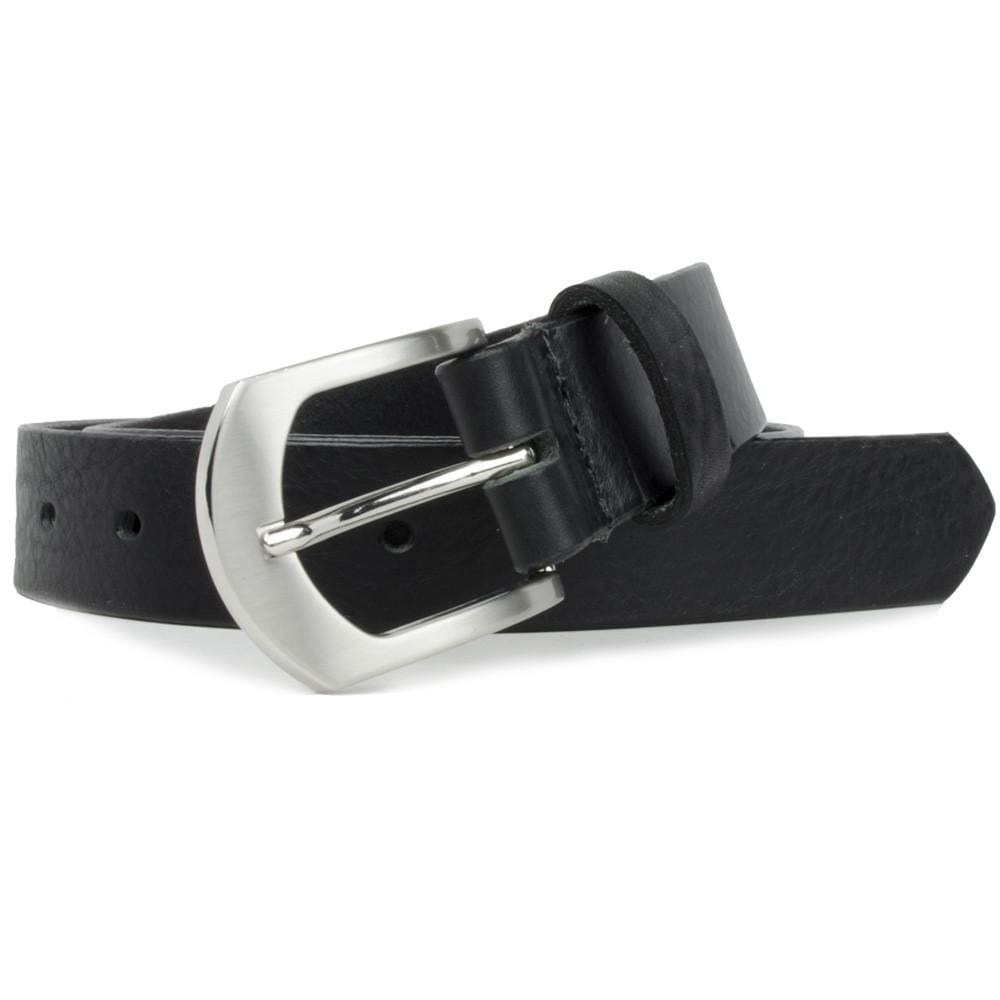 Deep River Black Belt by Nickel Smart. Arched silver-tone buckle on sleek black leather strap.