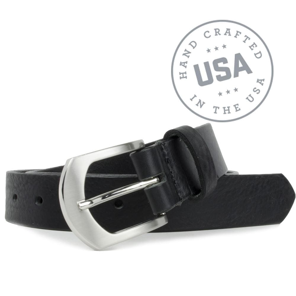 Deep River Black Belt. Handcrafted in the USA. Buckle stitched to strap so no metal snaps.