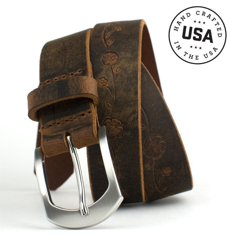 Distressed Rose Belt II. Handcrafted in the USA. Silver arch buckle stitched directly to strap.