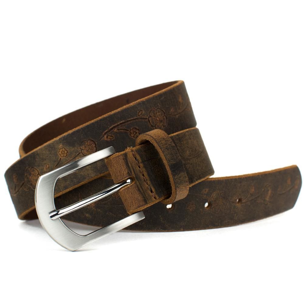 Distressed Rose Belt II by Nickel Smart. Nickel-free zinc alloy buckle; distressed leather strap.