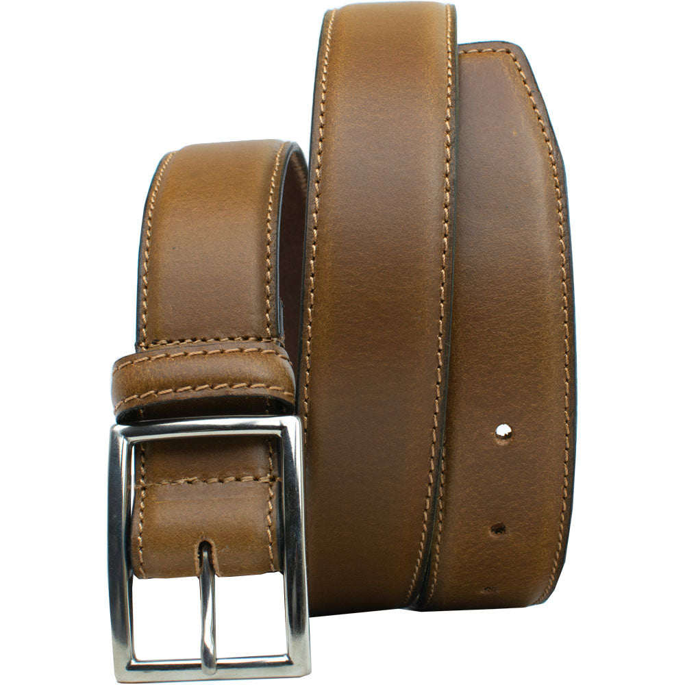 The Entrepreneur Titanium Belt (Tan) by Nickel Smart. Light brown leather belt; silver buckle.