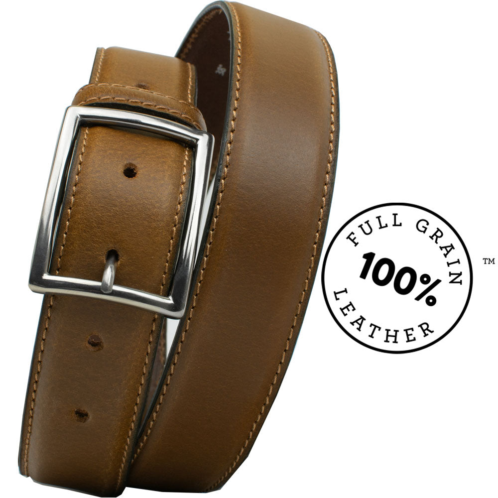 Entrepreneur Titanium Belt (Tan). 100% full grain leather. Slightly domed center; tan stitched edges