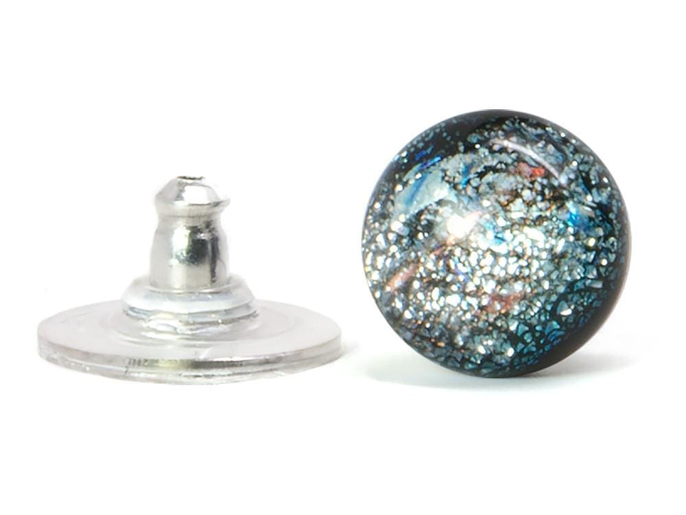 Galaxy Quest Earrings. Earring back is large disc; front of earring is glass dome in rainbow hues.
