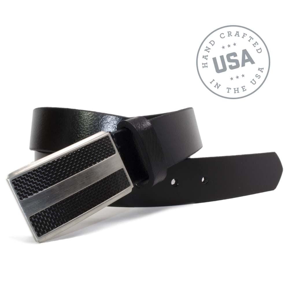 Genuine Leather Belt with Titanium/Carbon Fiber Buckle. Handcrafted in the USA. Black leather strap.
