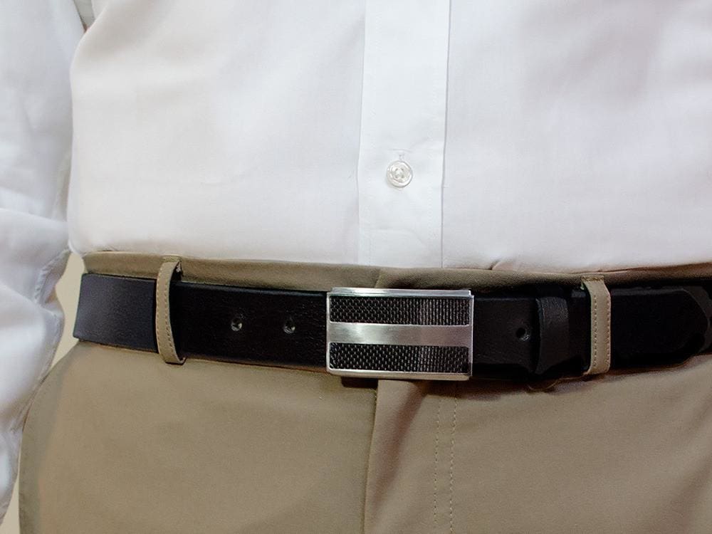 Genuine Leather Belt with Titanium/Carbon Fiber Buckle on model. Dress belt, great for khakis.