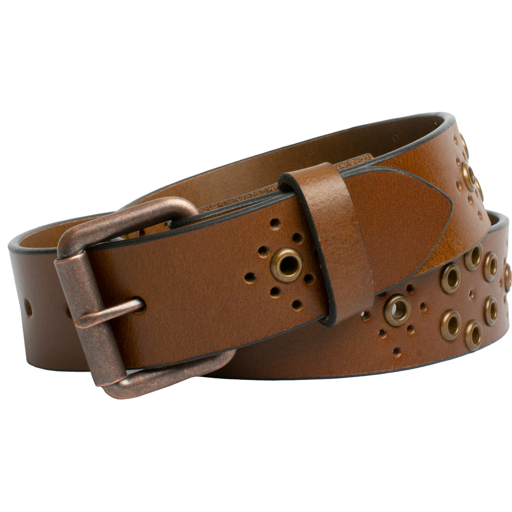Women's Grommet Brown Leather Belt by Nickel Smart. Bright tan strap; antiqued grommets and buckle.
