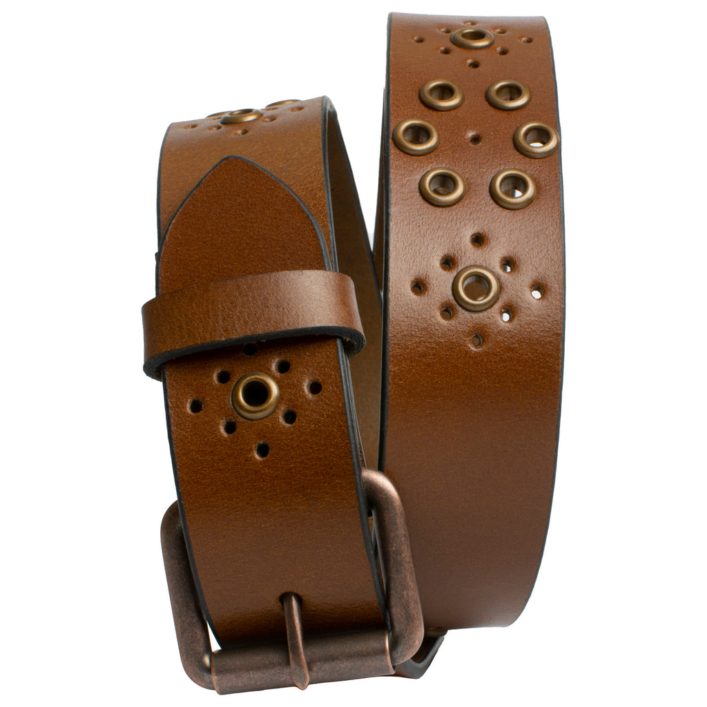 Women's Grommet Brown Leather Belt. Repeating pattern of grommets and punched holes on strap.