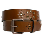 Women's Grommet Brown Leather Belt. Buckle is an antiqued copper shade, single pin, roller feature.