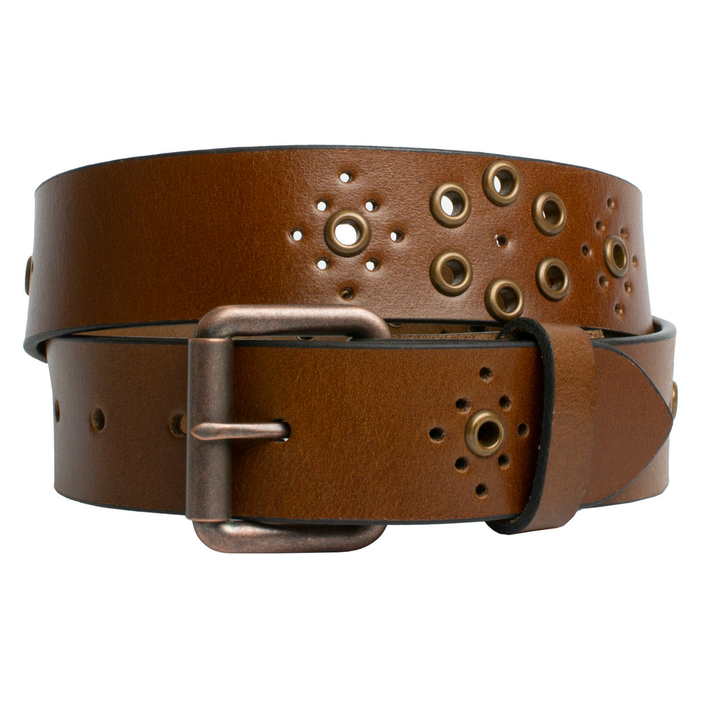 Women's Grommet Brown Leather Belt. Buckle is an antiqued copper shade, single pin, roller feature.