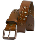 Women's Grommet Brown Leather Belt. Buckle is stitched directly to strap. Edges are dyed black.